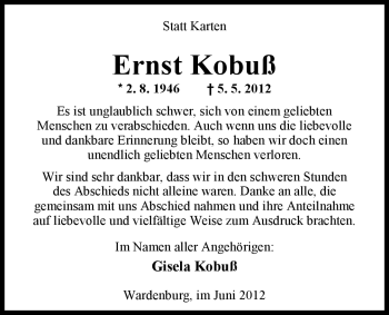 Traueranzeige von Ernst Kobuß von Nordwest-Zeitung