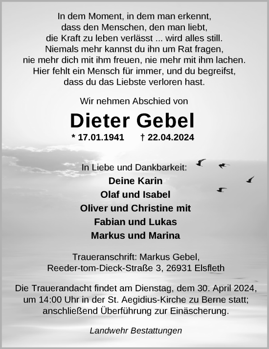Traueranzeige von Dieter Gebel von Nordwest-Zeitung