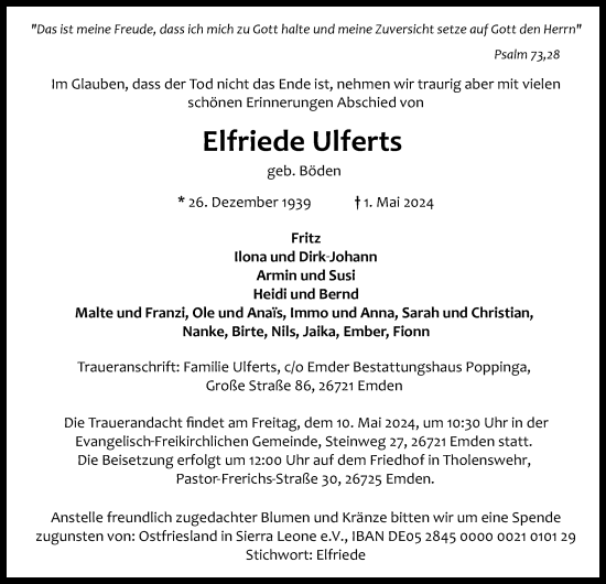 Traueranzeige von Elfriede Ulferts von Emder Zeitung